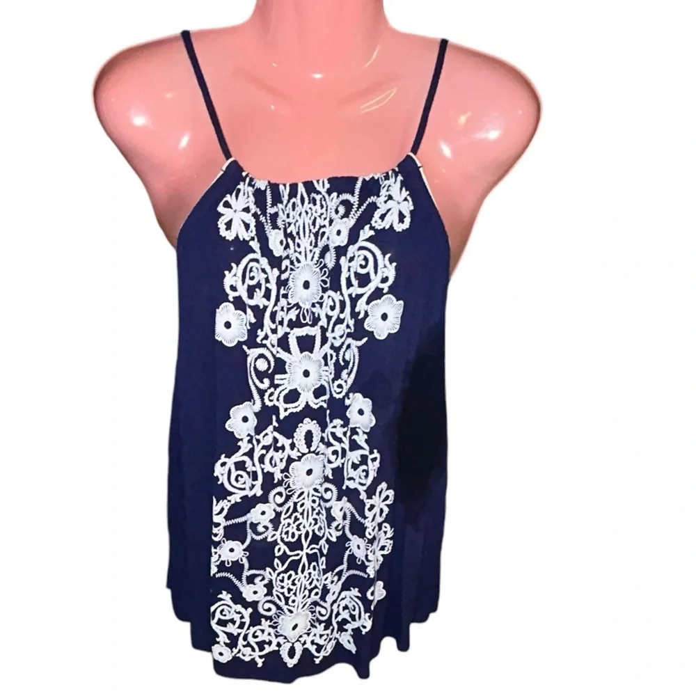 Navy Cami Tank Top with White Embroidery Sz Large by Tining - Picture 1 of 10